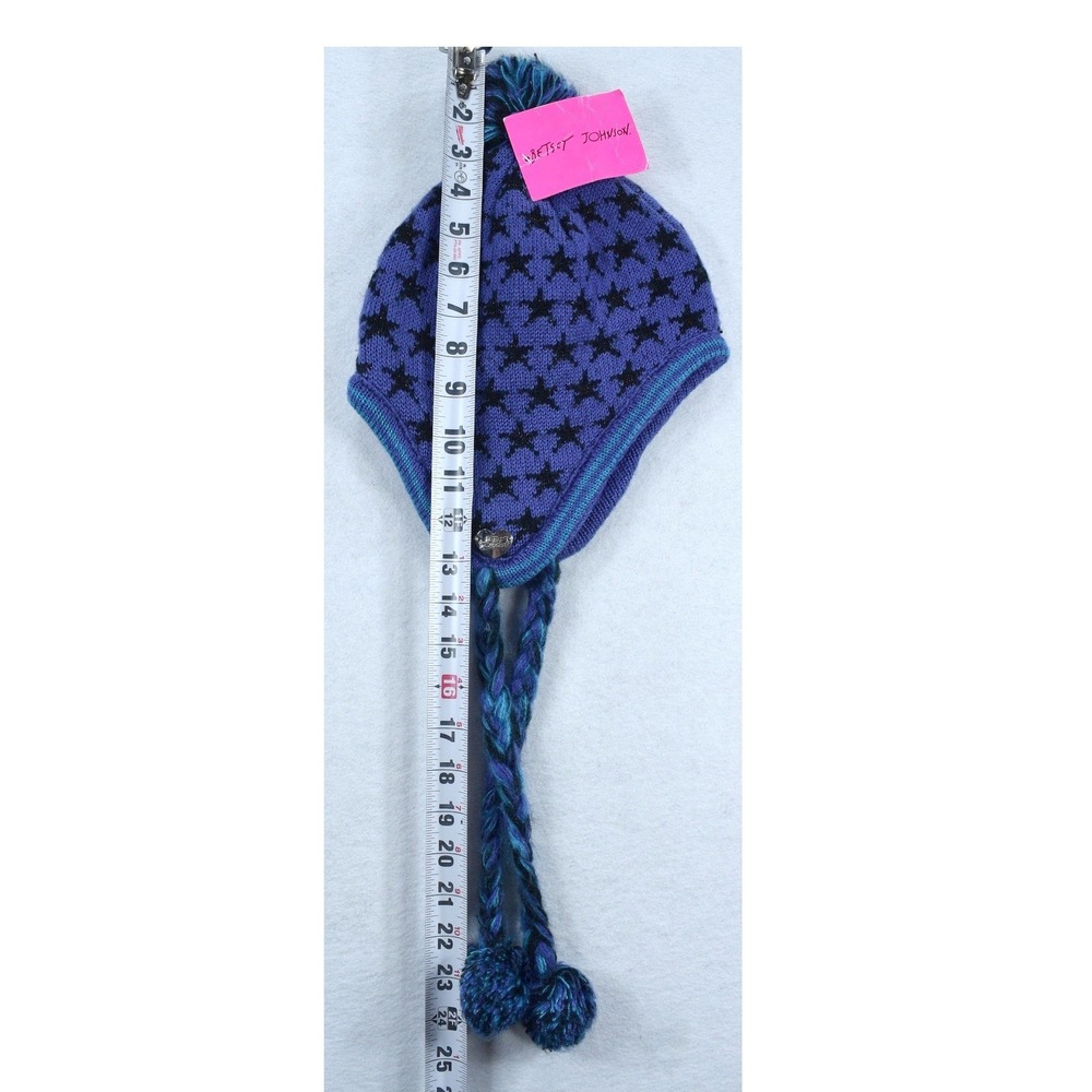 Betsey Johnson Purple Star Knit Trapper Hat Pom Pom Beanie Earflap Tassel New - Picture 5 of 6